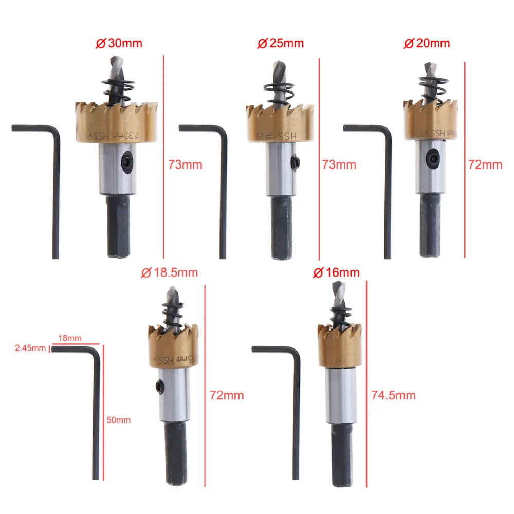 5PCs HSS Drill Bit Hole Saw Set Stainless Steel Metal Alloy 16-30mm