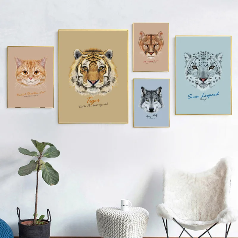 Hewan Poster Dan Cetak Kartun Tiger Lion Wolf Kucing Anjing Kepala