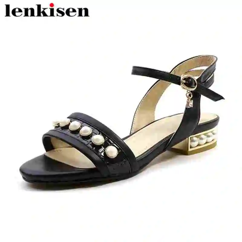 

Lenkisen Korean girls plus size PU peep toe buckle strap solid low pearls inlay heels wedding fairy women summer sandals L9f2