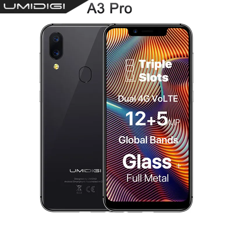 UMIDIGI A3 Pro Globale Della панель 5,7 полноэкранный смартфон 3 ГБ+ 32 Гб 4 ядра Android 8,1 12MP+ 5MP разблокировки мобильного телефона