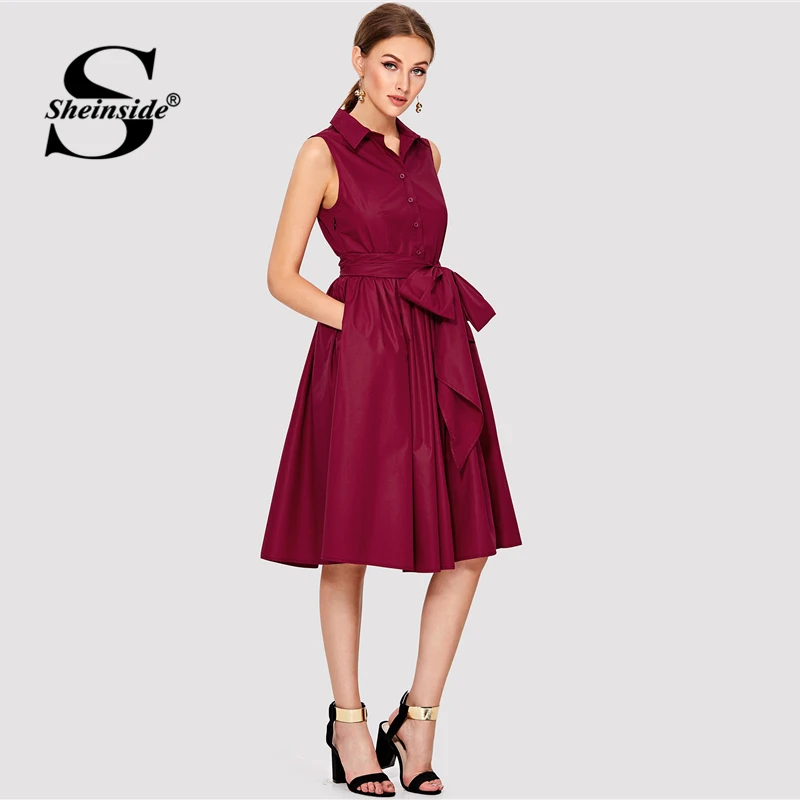 Goedkoop Sheinside Bourgondi euml; Zelf Gordel Shirt Jurk 2018 Zomer Fit amp; Flare Knop Mouwloze Midi Vrouwen Jurk Elegant Party Dress