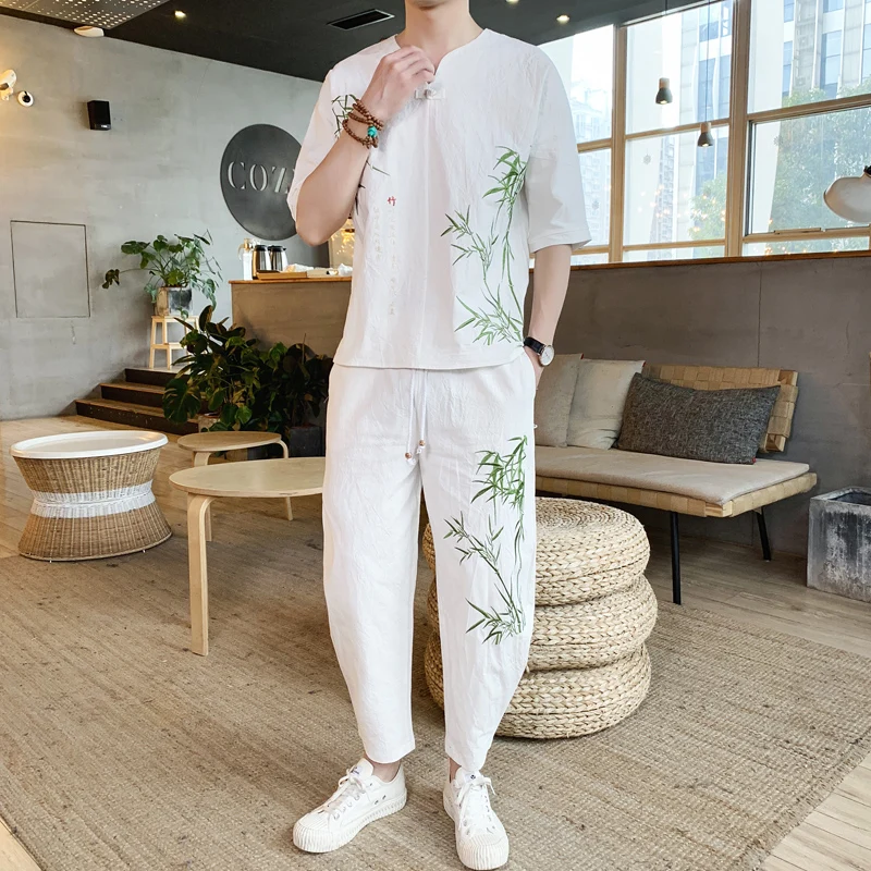 Sinicism Store бамбуковый спортивный костюм с вышивкой для мужчин мужские летние льняные спортивные костюмы мужские уличные китайские винтажные комплекты из 2 предметов - Цвет: White(Asian Size)