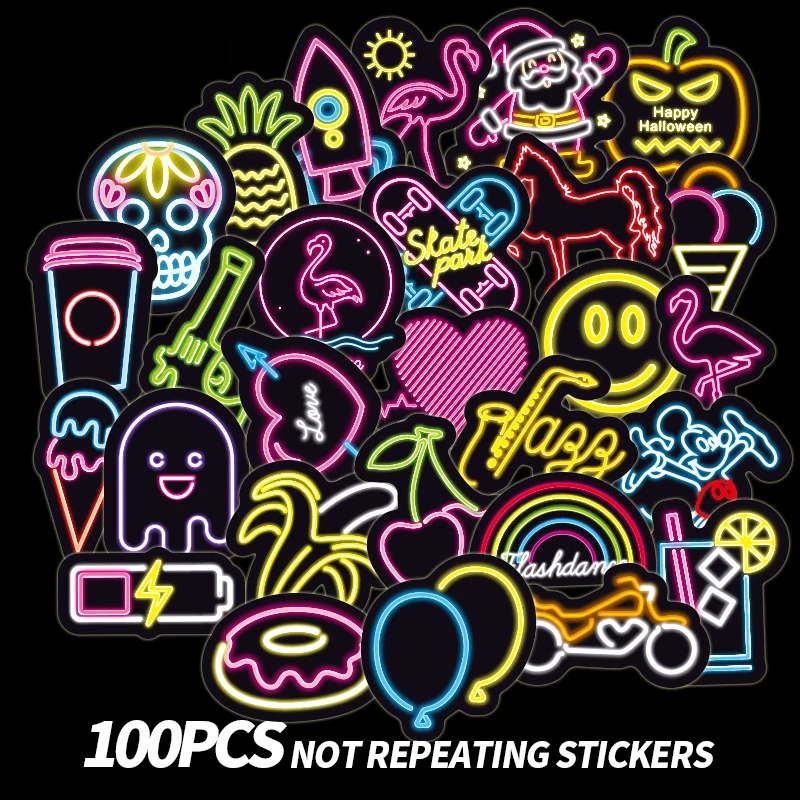 

New 100 PCS Neon Light Sticker Anime Icon Animal Cute Decals Stickers Gifts for Children To Laptop Suitcase Guitar Fridge Car E