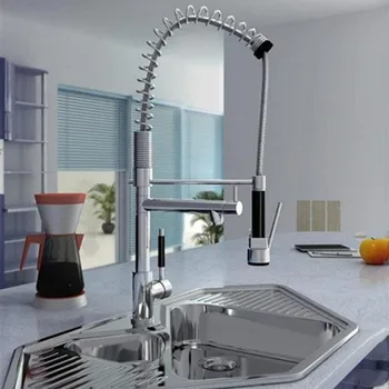 

Homedec Chrome Brass Pull Out Spring Kitchen Faucet Swivel Spout Dual Sprayer Cold Hot Tap