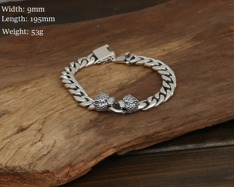 Ручной работы 925 Серебряный Леопардовый Браслет винтажный тайский Серебристый браслет-цепочка браслет в стиле "панк" мужской ювелирный подарок