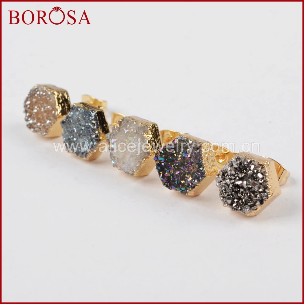 

BOROSA Multicolor Hexagon Natural Crystal Druzy Titanium Gold Earrings,Stylish Drusy Rainbow Stud Earrings for Women G0907