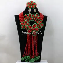 Элегантные женские ювелирные изделия нигерийские Африканские свадебные бусы комплект ювелирных изделий ожерелье, украшенное кристаллами комплект зеленый/красный AIJ951