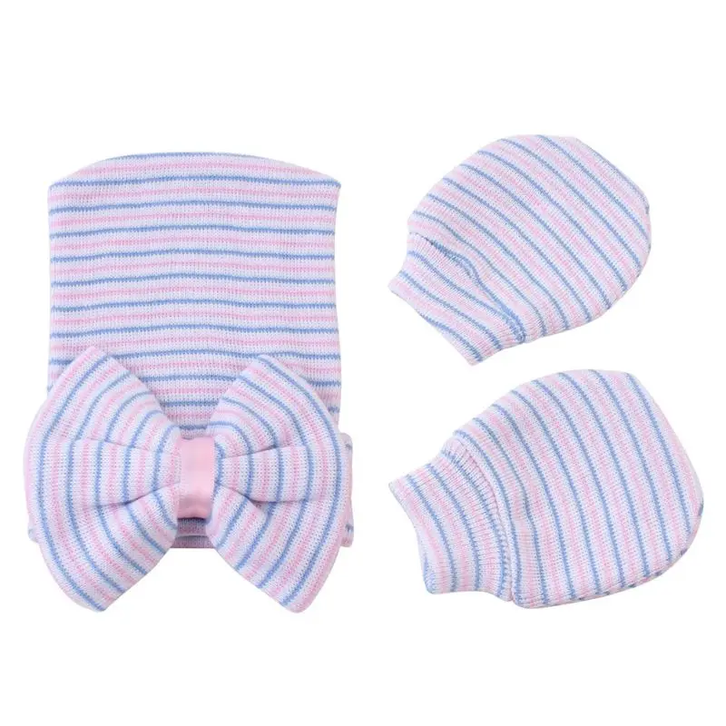 

2 Pcs/set Newborn Baby Hat Gloves Child Warm Striped Bow Cap Infants Anti-Scratch Soft Cotton Glove Hats Bathing Gifts