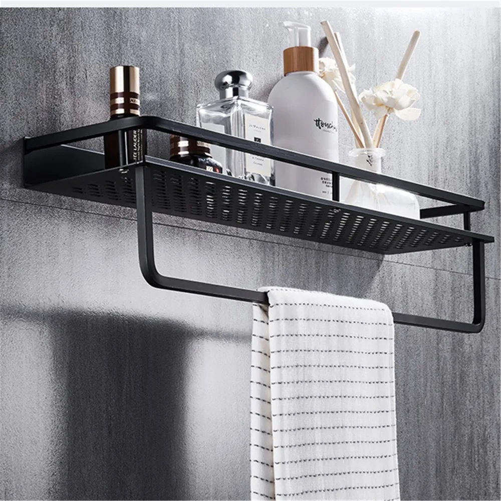 Black Bathroom Shelf Space Aluminum Shower Basket Corner Shelves