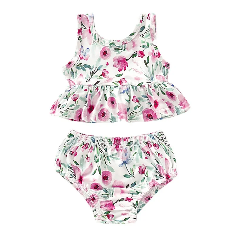 

Pullover Summer Baby Girl Casual Sleeveless Tops Floral Print T-shirt With Briefs PP Shorts Outfits Set 70/80/90/100