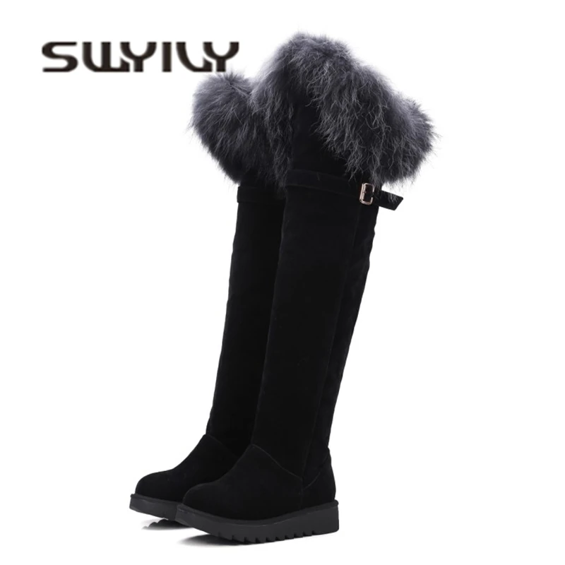 

SWYIVY Flock Ove The Knee High Snow Boots Woman 2018 Winter Plush Thick Velver Fur Tall Boots Fashion Lady Sexy Long Snow Boots