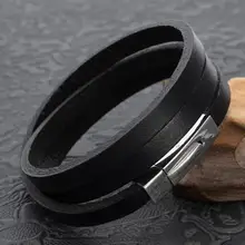 Черная Многослойная натуральная кожа браслет из нержавеющей стали модный мужской женский браслет для подарков