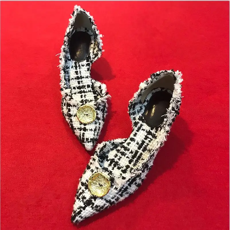Очень острый носок твид насосы Chic Обувь на каблуке-рюмочке Для женщин Street Обувь для подиума с элегантной пряжкой женские свадебные туфли Boussac костюм
