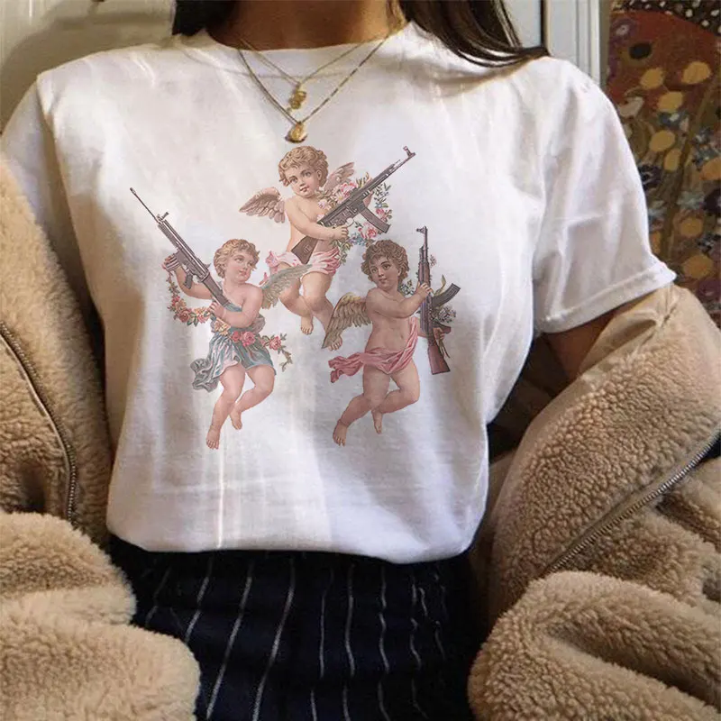 Лето, Harajuku, Kawaii Angel, Michelangelo, эстетика, парная футболка, женская мода, Повседневный, с принтом, короткий рукав, топ, Camiseta Mujer