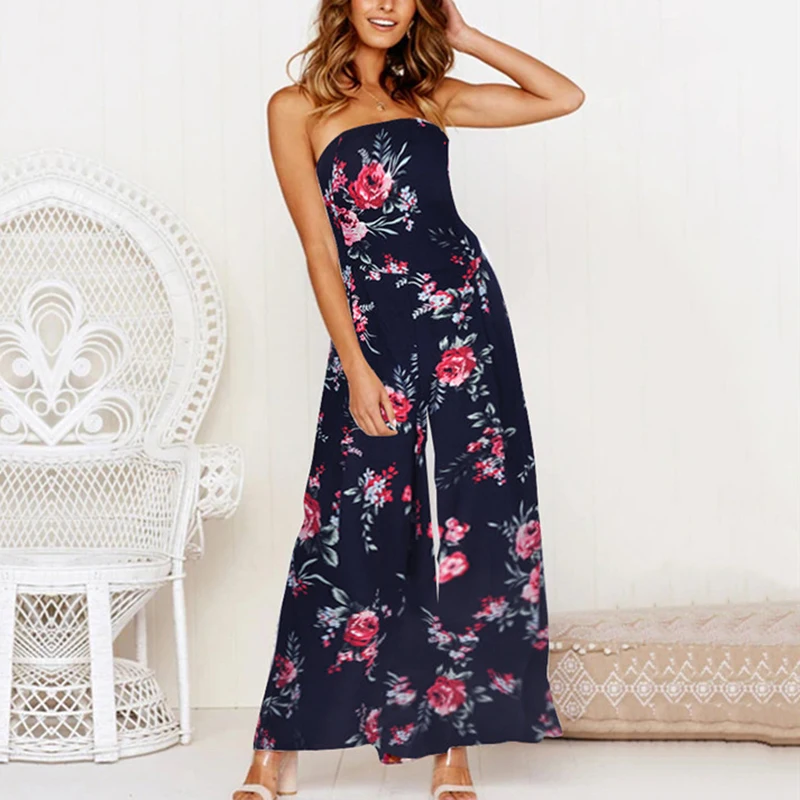 DORVIVON Sexy Strapless Floral Print Women Jumpsuit Wide Leg Boho Bodysuits Women 2019 Beach Wear Overalls Female Playsuit 2019