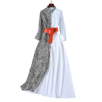 

Women Runway Maxi Dres2019 High Quality Turn-down Collar Long Sleeve Leopard and White Patchwork Print Long Dresses NP0235A