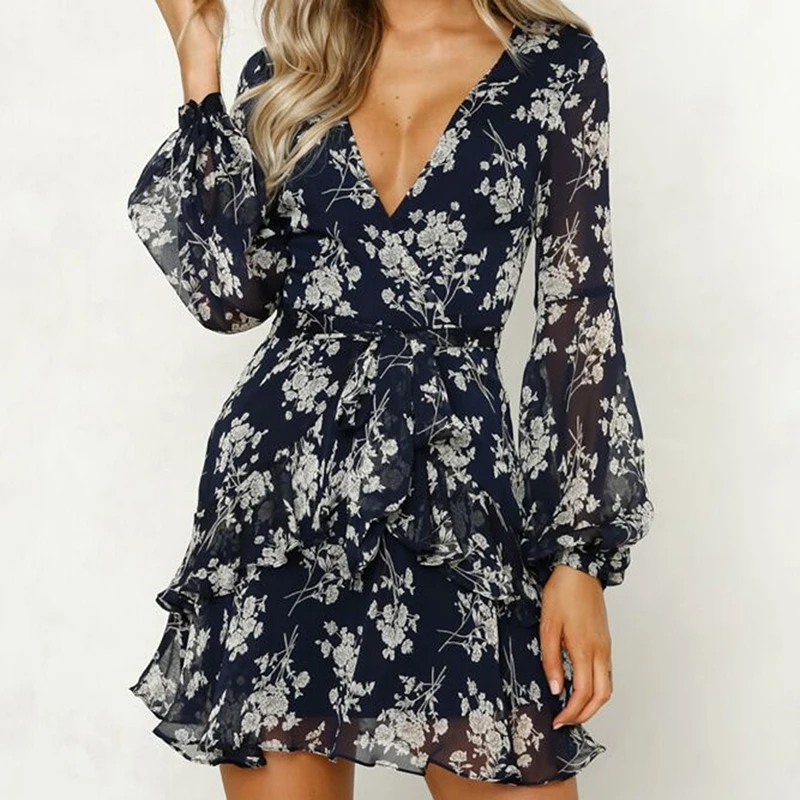 

Deep V-neck Casual Long Sleeve Dress Floral Beach Party Ruffle Irregular Women Dress Sexy Summer Dress