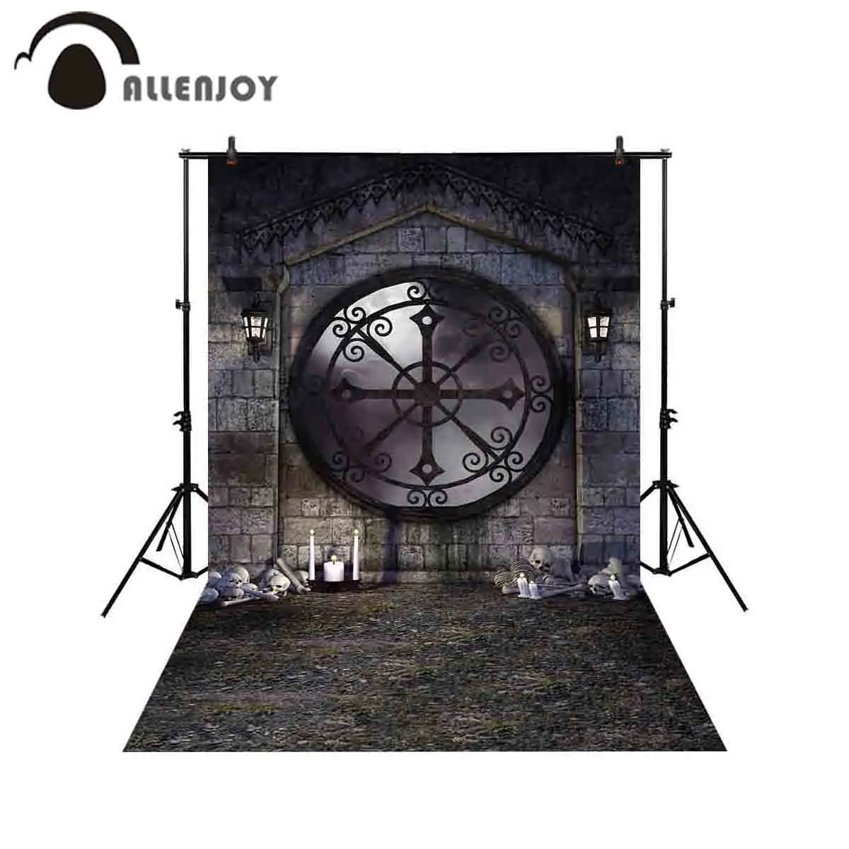 Allenjoy professional photography background gothic window horror skulls bones retro candles backdrop Halloween photobooth | Электроника