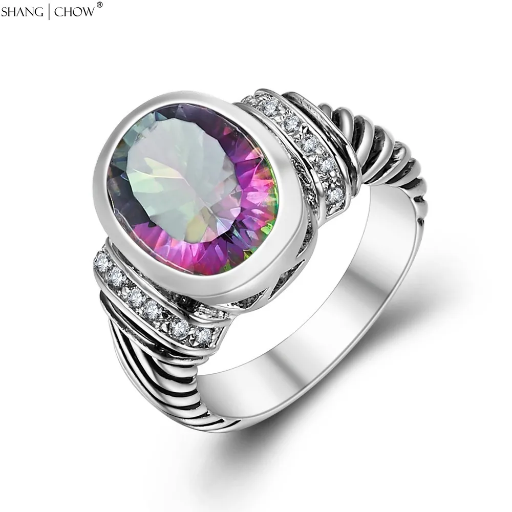 

Vintage Jewelry Rainbow Mystic Crystal Stone 925 Sterling Silver Ring for Women Cocktail Prom Lover Gift Accessories