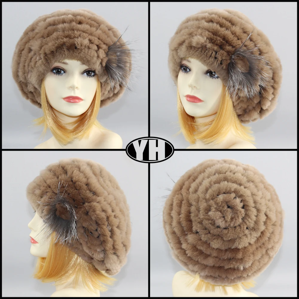 New arrive Women fur Berets real rex rabbit fur hat warm elastic flower lady fashion fullness fur cap headgear