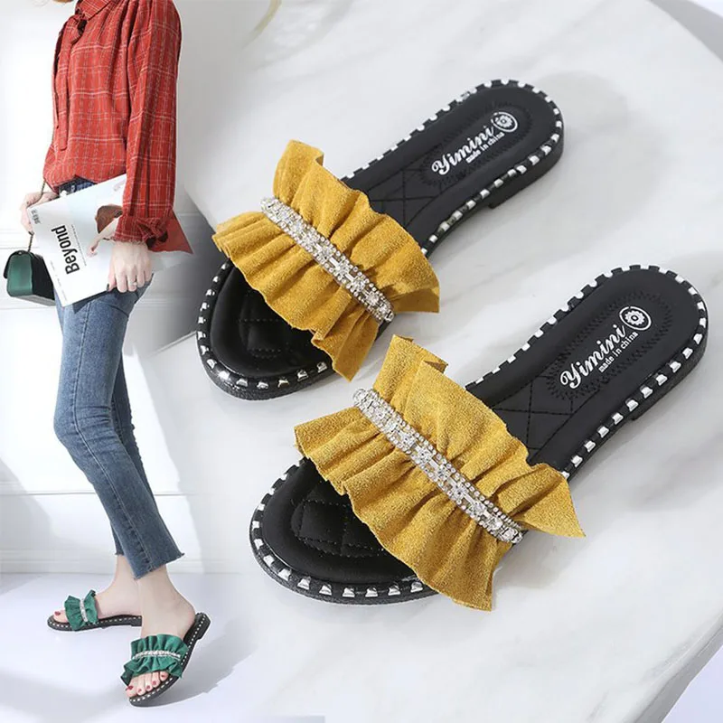 

KESMALL Ladies Drill Flat Slippers Female Summer Fashion Outside Rubble Slippers Low Heels Women Casual Shoes Soft Slides WS376