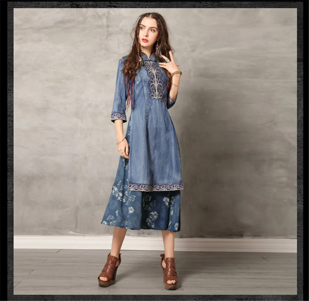 Vintage Cheongsam Summer Dress 2019 Denim Women Dresses Mandarin Collar 34 Sleeve Flower Embroidery Dress A82136 Vestidos (10)
