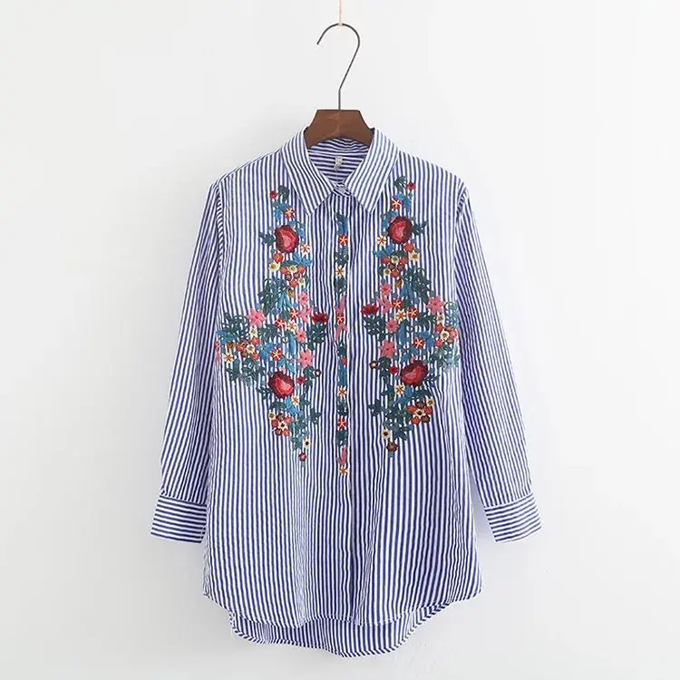 

TZE43 European and American fashion embroidered striped shirt