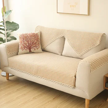 

Polyester / Cotton Sofa Cover Elastic Plaid Sofa Protector Khaki Cushion Mat Slipcover Sofa Cover 1-3 Seats Sofa Cover