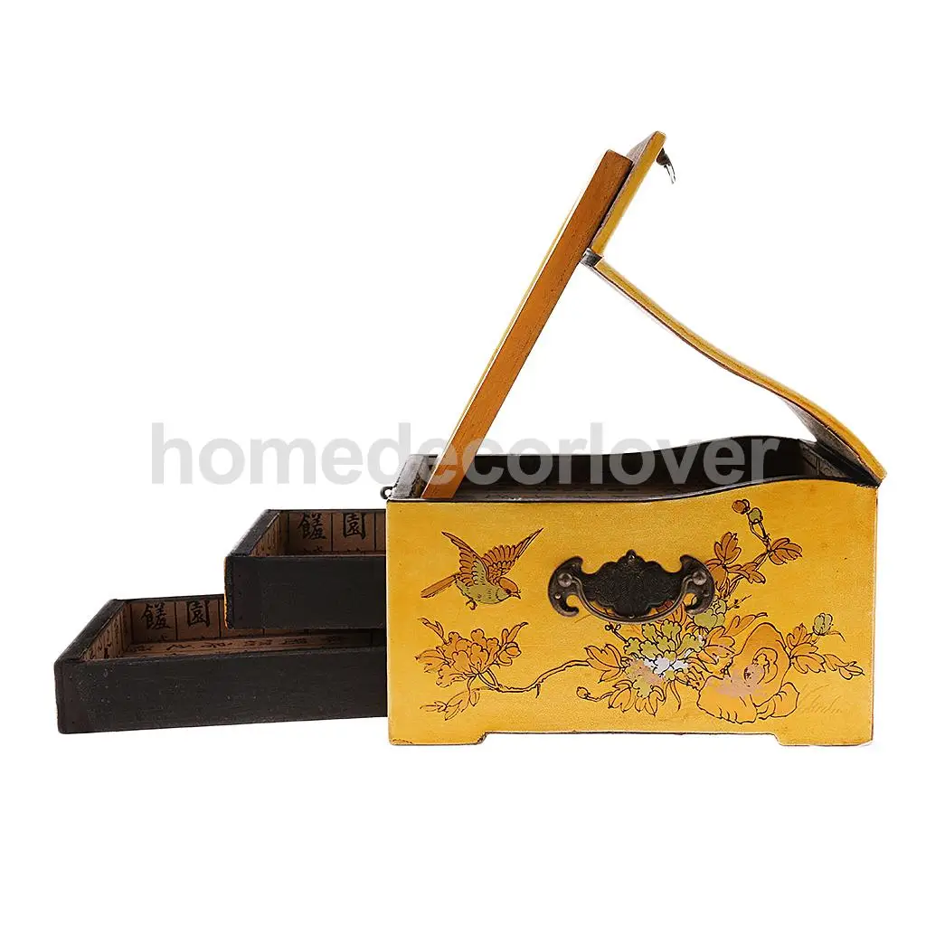 Vintage Wooden Dresser 2 Drawer 1 Mirror for Jewelry Storage Case Box Yellow