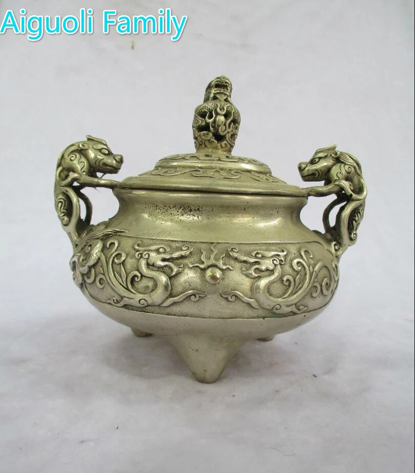 

Art collection old chinese handmade tibet silver 2 dragon incense burner /metal censer craft for home decoration
