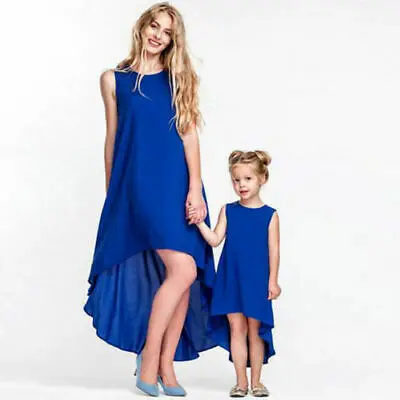 

Mother Daughter Blue Dress Sleevless Matching Women Kid Girls Casual Swing Dress Family Matching Fashion Clothes