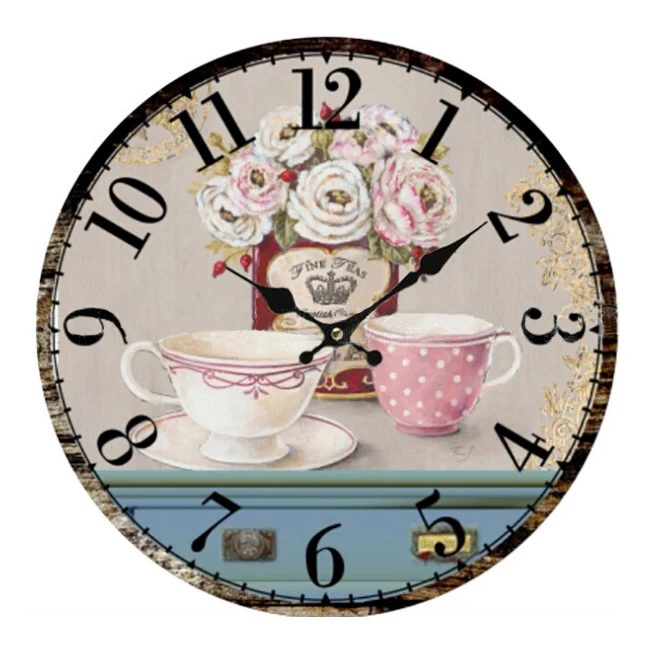 

PHFU Vintage Antique Style 34cm Wall Clock Home Bedroom Retro Kitchen Quartz (Pattern:flower+cups)