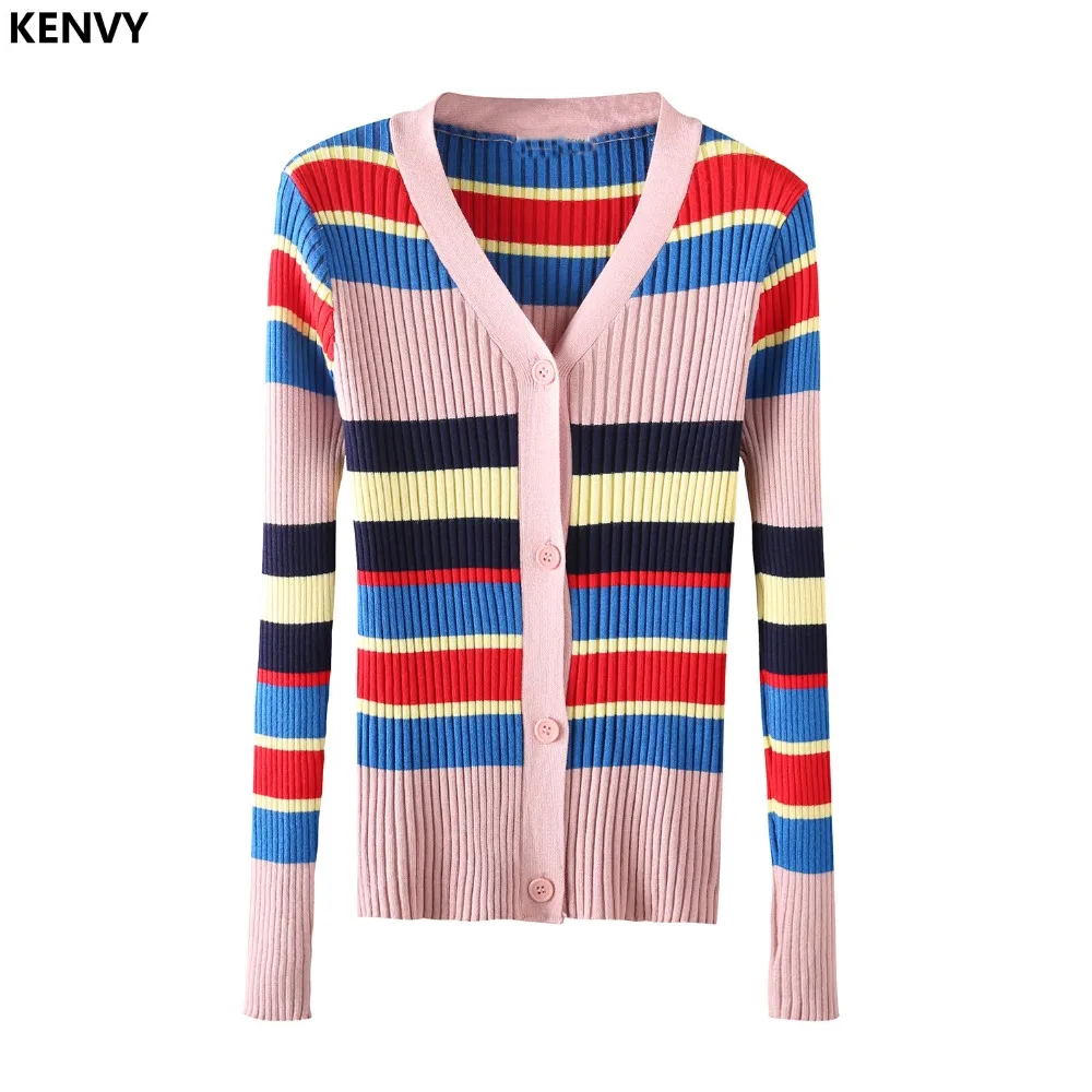 

KENVY Brand Women Fashion High-end Luxury Spring Short Stripe Stretch V-neck Knitted Cardigan Sweater