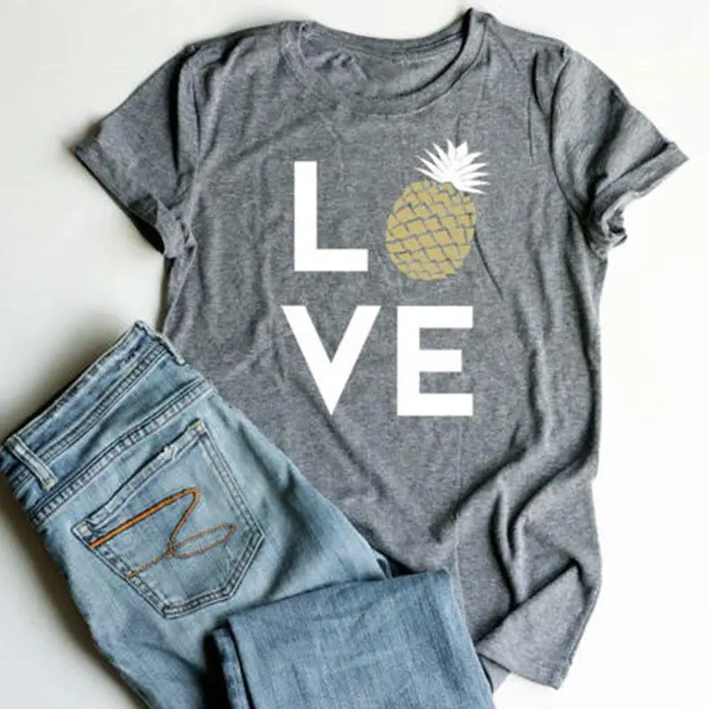 

Plus Size Summer Women Harajuku T-Shirt Female Trendy Tops Love Pineapple Gray Top Short Sleeve Baseball girls graphic Tee