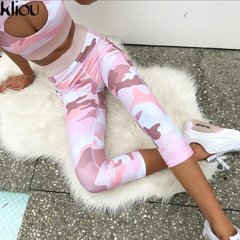 

Kliou 2018 New Pink Camouflage Print Women Two Pieces Suit Hollow Out Crop Tank Tops And Fitness Elastic Hight Waist Leggings
