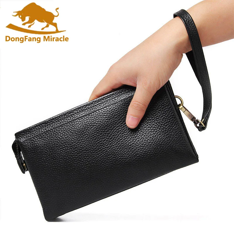 

New Design Genuine Cowhide Leather Portomonee Zipper Business Wallet Men Long Clutch with Wrist Phone Purse