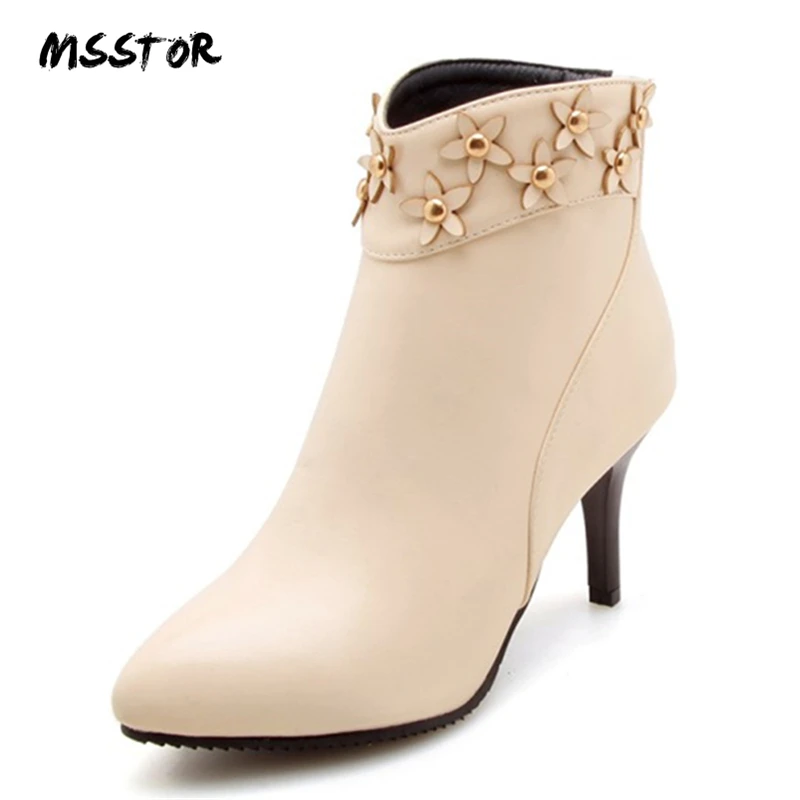 

MSSTOR 2018 New Fashion Appliques Womens Boots Ankle Plus Size Autumn Winter Black Office Boots Heels Pointed Toe Ladies Boots