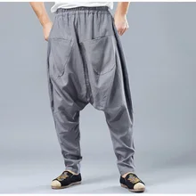 Мужские льняные свободные брюки шаровары мужские повседневные дорожные шаровары брюки с большим промежности мешковатые брюки