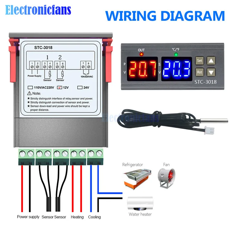 STC-3018 12 В 24 в 110-220 В цифровой регулятор температуры Термостат терморегулятор нагревательный охлаждающий переключатель цифровой гигрометр