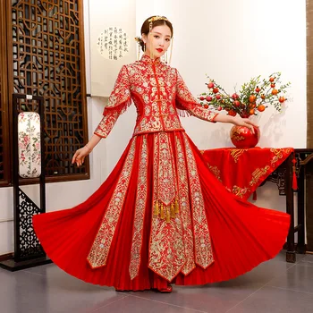 

Red China Clothing Embroidery Phoenix Robe Chinese Traditional Wedding Dress Cheongsam Qipao Long Oriental Style Dresses
