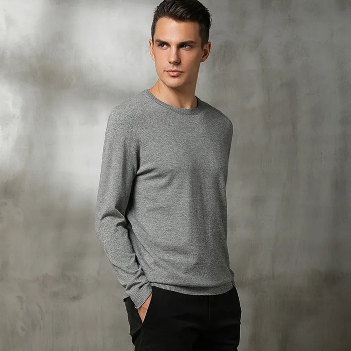 Мужской кашемировый шерстяной вязаный свитер с круглым вырезом, фирменные одноцветные мужские пуловеры, Мужской винтажный стиль, осенне-зимняя базовая одежда - Цвет: gray