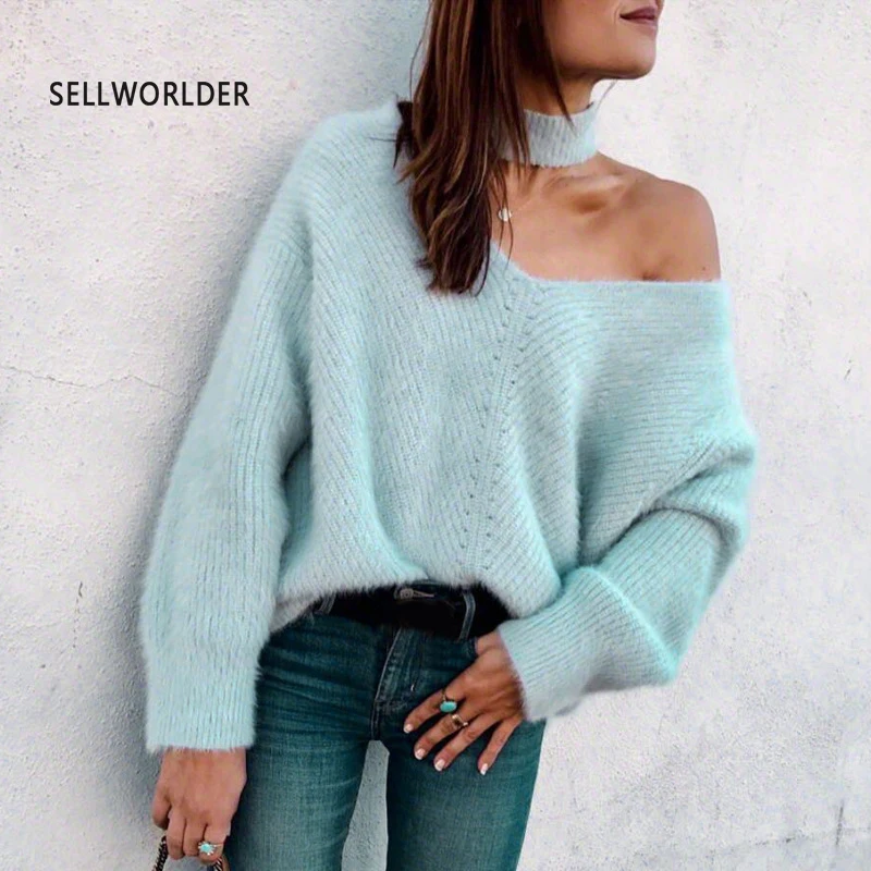

2019 SELLWORLDER Women Pullover Top Off shoulder fashion Casual Solid Soft girl's Sweaters