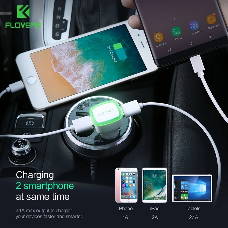 new Floveme светодиодный автомобиля Зарядное устройство для iPhone X 8 Plus Dual USB Выход 2.1a