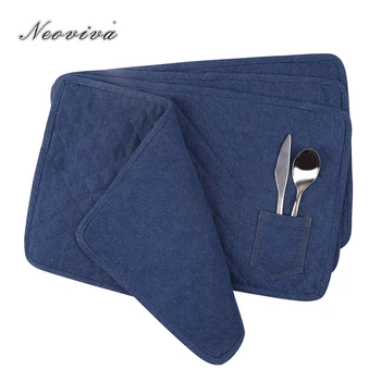 

Neoviva Denim Quilted Place Mat with Pocket for Knife and Fork Pack of 4, Solid Indigo Blue Dish Mat Tappeto Cucina Sottobicchie