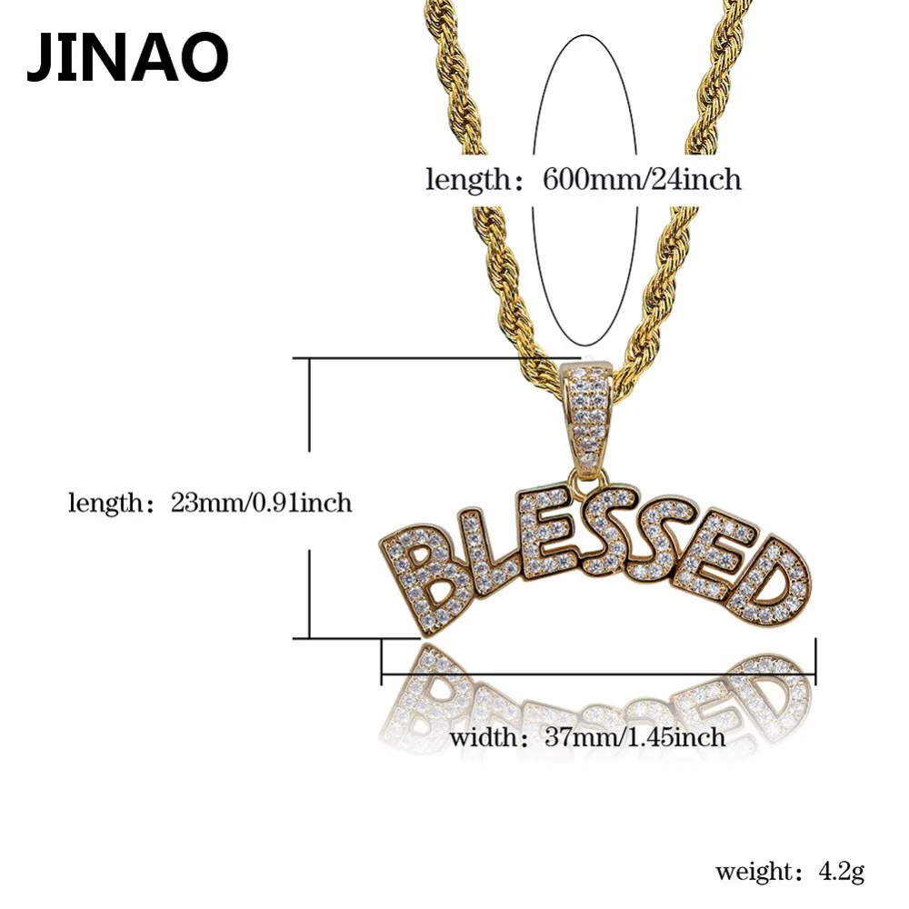 JINAO Blessed Iced Out Necklace & Pendant Statement Letters Gold Color Cubic Zircon Necklace Hip Hop Men Women Jewelry Gifts
