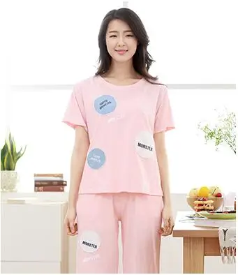 Женская летняя пижама из хлопка, комплект-двойка из хлопка, летние длинные штаны с короткими рукавами, бамбуковый хлопковый комплект для отдыха - Цвет: Розовый