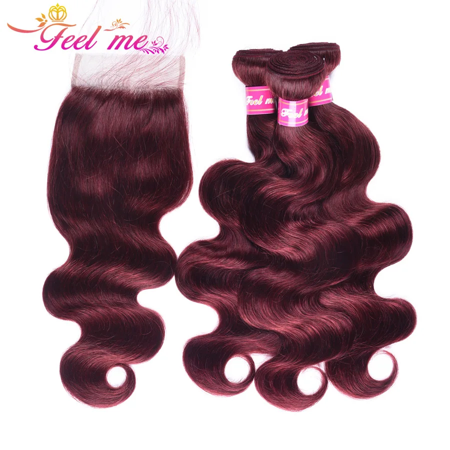 Feel Me Hair MalaysianClosure Human With Bundles Burgundy Body Wave 3 Frontal #99j Pre-Colored Non-remy | Шиньоны и парики
