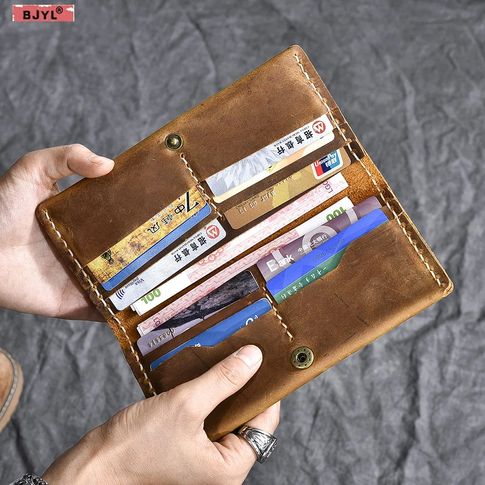

BJYL Men Handmade Crazy Horse Leather Long Wallet Simple Retro genuine Leather card holder coins purses Long Wallets