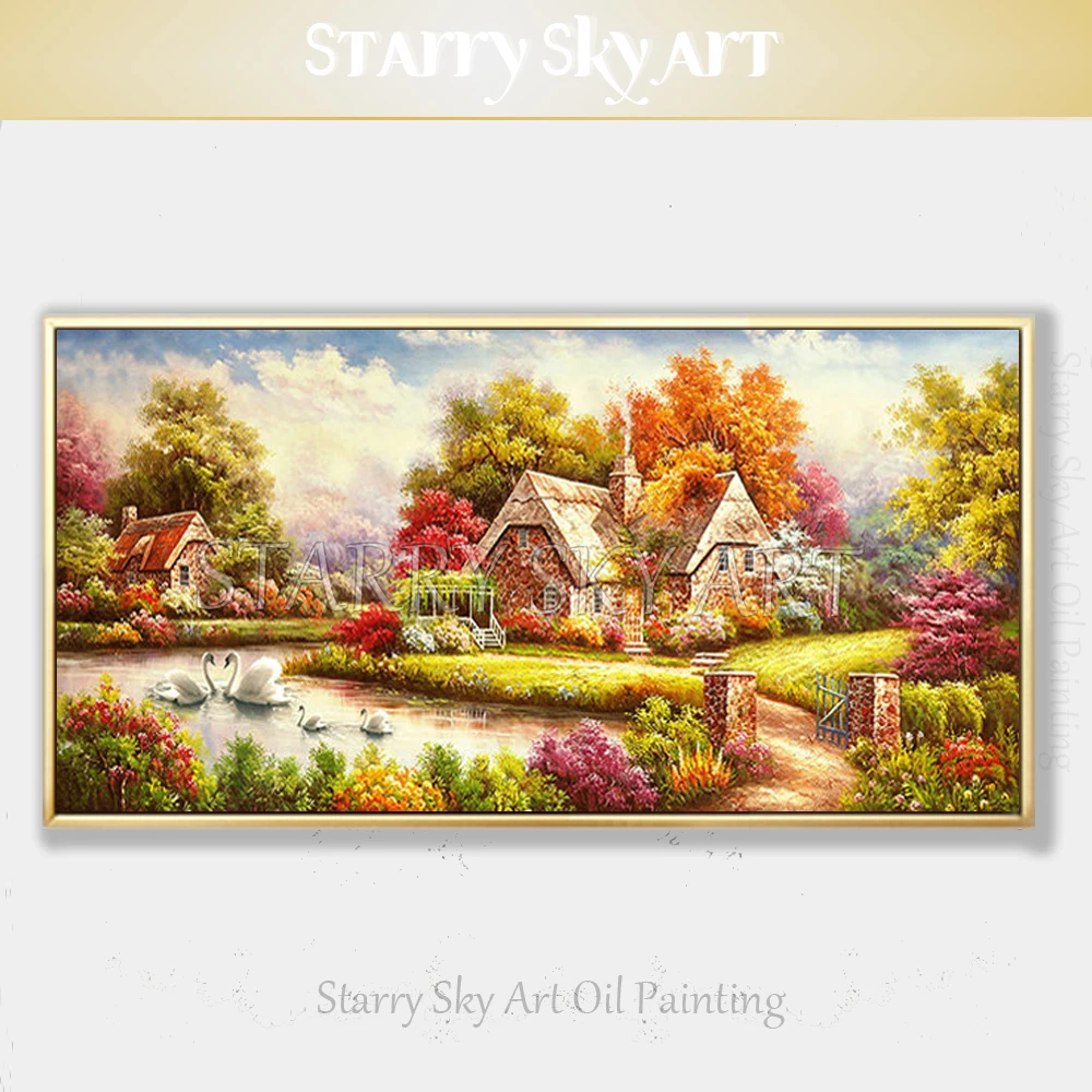 Топ художник ручная роспись красочные Европа пейзаж живопись маслом на холсте красивый дом рядом с озером и лебедями картина маслом