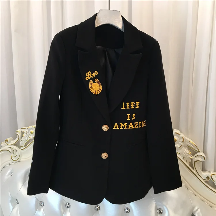 

Blazers Women embroidery Letter Pattern Notched Fashion 2018 Full Sleeves Single Breasted for Ladies Formal Clothing Black